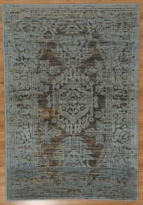 Vintage Look Oushak Flat Cut Area Rug  Blue Gray Distressed Jute Wool Blend