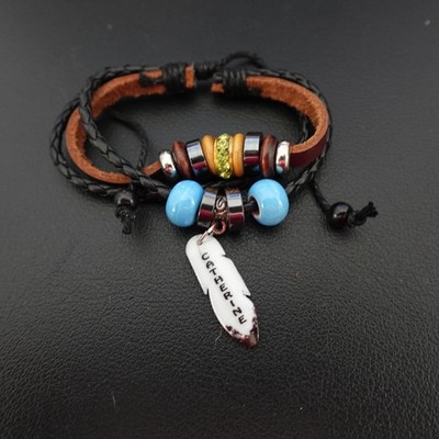 Catherine Personalized Boho Bracelet Leather Stack Hippie Indie Name Blue Beads