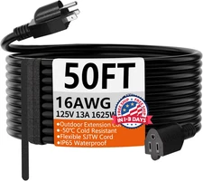 Extension electrica negra 50 pies 16AWG interior exterior resistente al frio