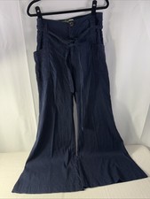 Anthropologie Tie Waist Linen Wide Leg Flare Belted Navy Trouser Pants 30