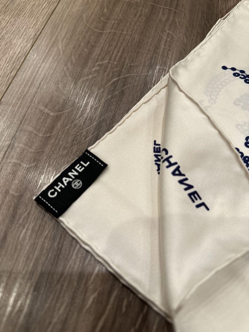 Chanel Silk Scarf White Navy 88cm x 90cm with Box | eBay