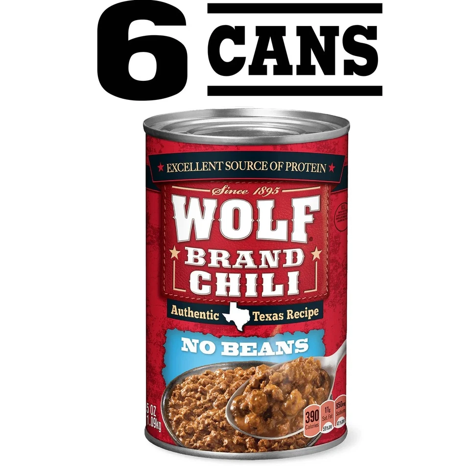 Latas de chile sin frijoles Wolf Brand de 15 oz - Paquete de 6 - Auténtico chile de carne estilo Texas Foto 2 de 4