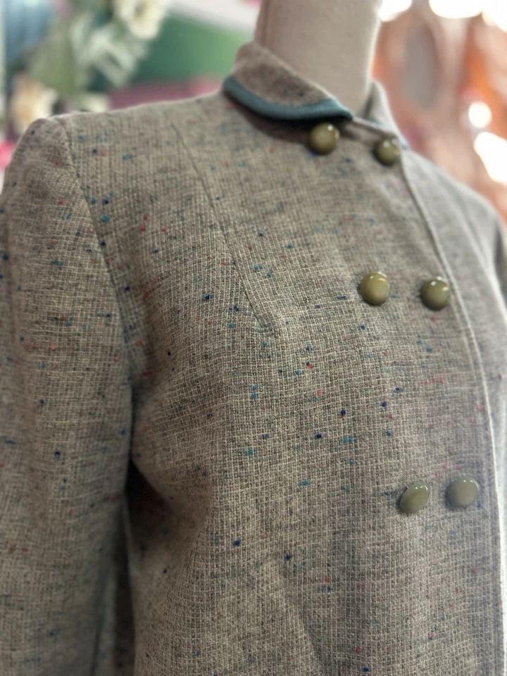 Blazer Chaqueta Abrigo Gris Confeti Guijarro Twee Preppy Años 70 De Colección S/M Foto 4 de 4