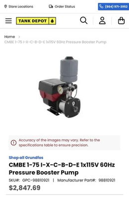 #ad CMBE 1 75 I X C B D E 1x115V 60Hz Pressure Booster Pump SKU#: GPC 98810921 $2300.00