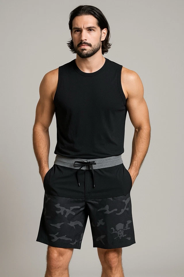 Pantalones Cortos de Tabla Affliction Hombres 38 Negro Gris Camuflaje Calavera EE. UU. Surf Gimnasio Estilo Rock Foto 2 de 4