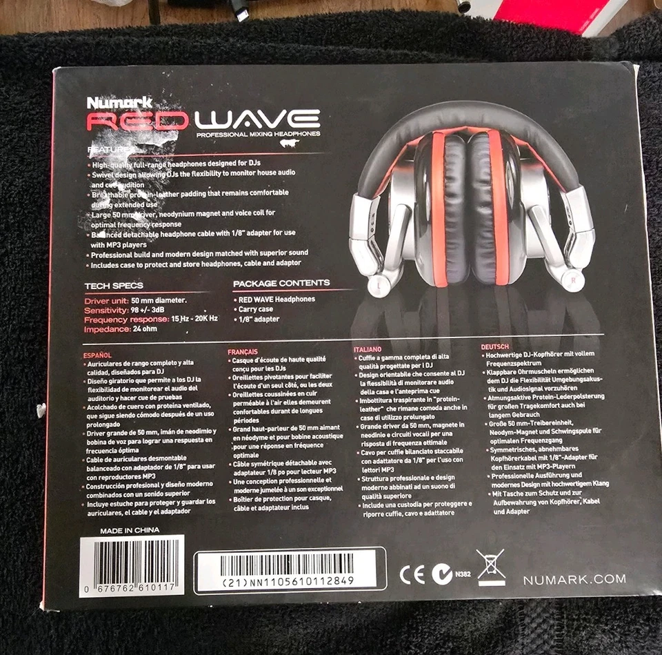 Numark RedWave Professional DJ Headphones Silver Red Rotating Earcup - Image 2 of 4