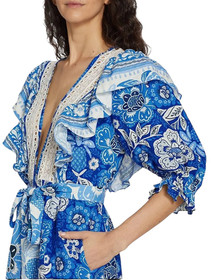 NWT $260 FARM Rio Full Of Flowers Ruffled Jumpsuit Blue Floral Linen Small