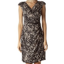 Lauren Ralph Lauren Animal Print Dress Womens 8 Black Tan FauxWrap Ruching Midi