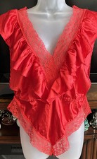 Vintage Lily Of France Red Hot Teddy Satin Lace Ruffles Bodysuit Romper Medium