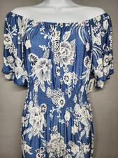 Anthropologie Kindred PXL Blue Floral Dress Elastic waist On Off the shoulder