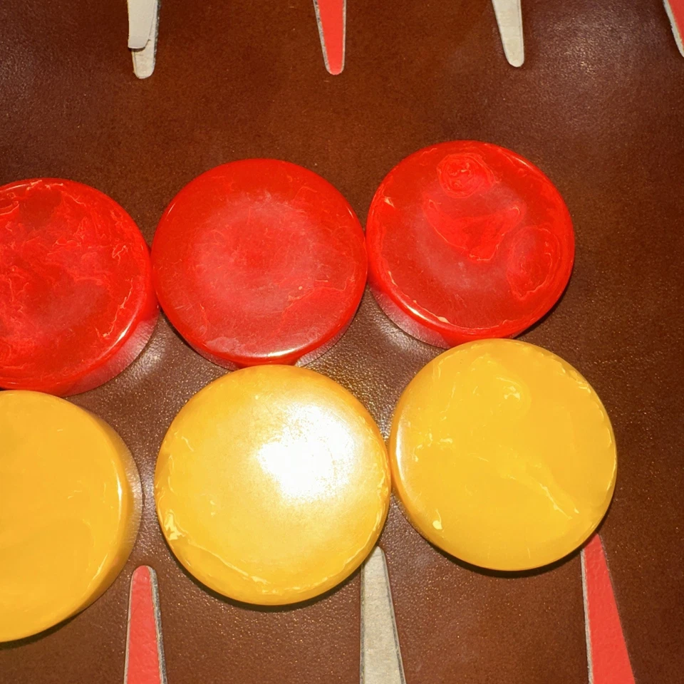 VTG 1.5” Leather Backgammon Red & Yellow - Bakelite Checkers Large Case - Image 3 of 4