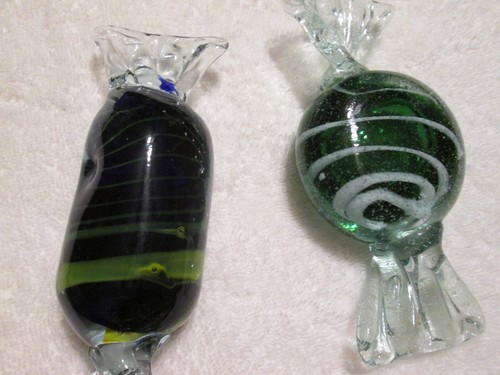 2 Large Vintage Art Glass Hand Blown Wrapped Candy Blue With Yellow Stripe - Picture 2 of 7