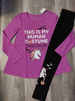 NWT Justice Girls Outfit Halloween Unicorn Top/Leggings 10 (1