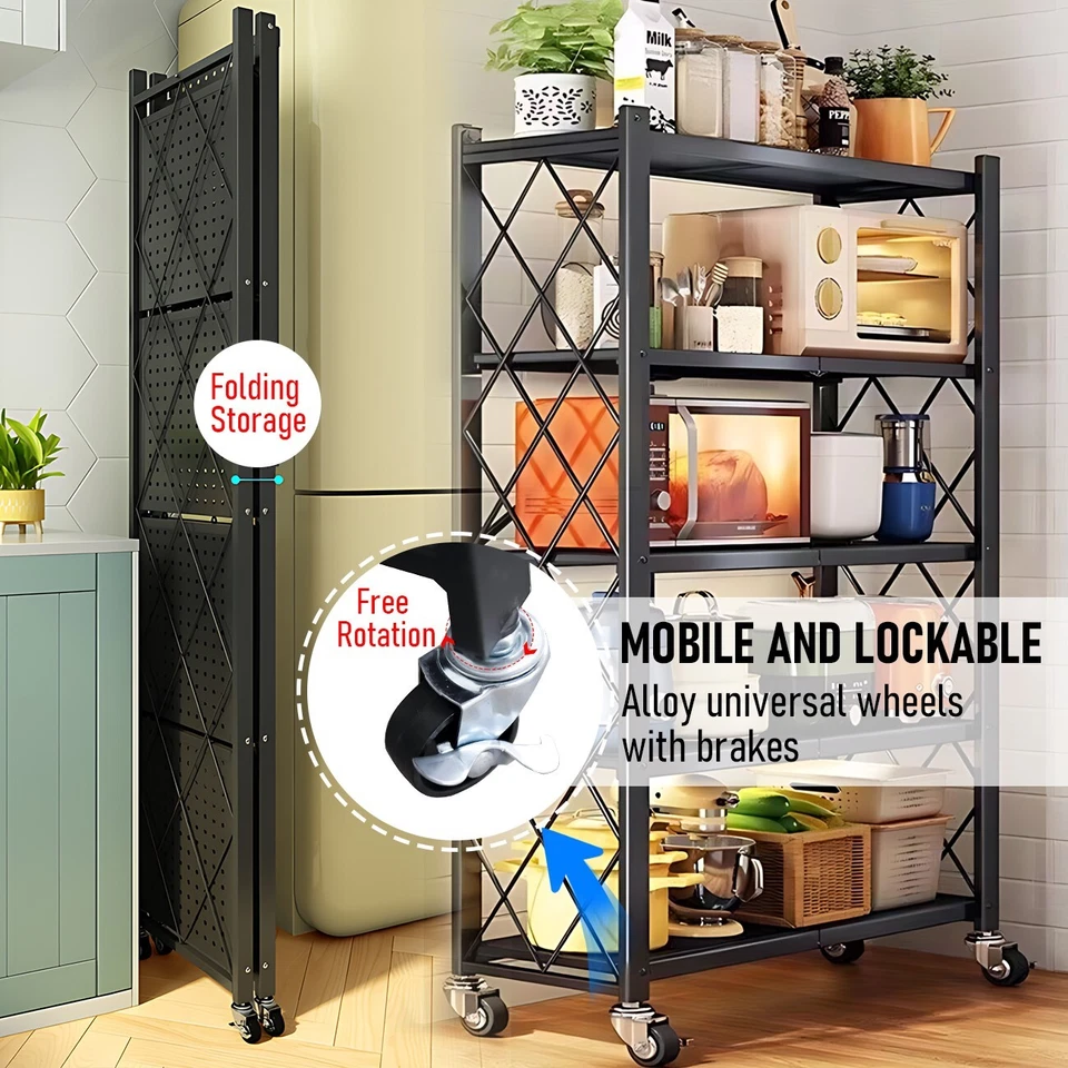 5 Tier Foldable Shelf Metal Display Rack Wheels Bookcase Storage Capacity 100kg - image 3 of 4