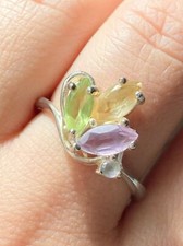 925 Sterling Silver natural peridot citrine amethyst blue topaz ring size 7.75