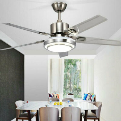 52''Ceiling Fan With Light 5 Leaf Stainless Steel Blades LED Chandeliers Remote