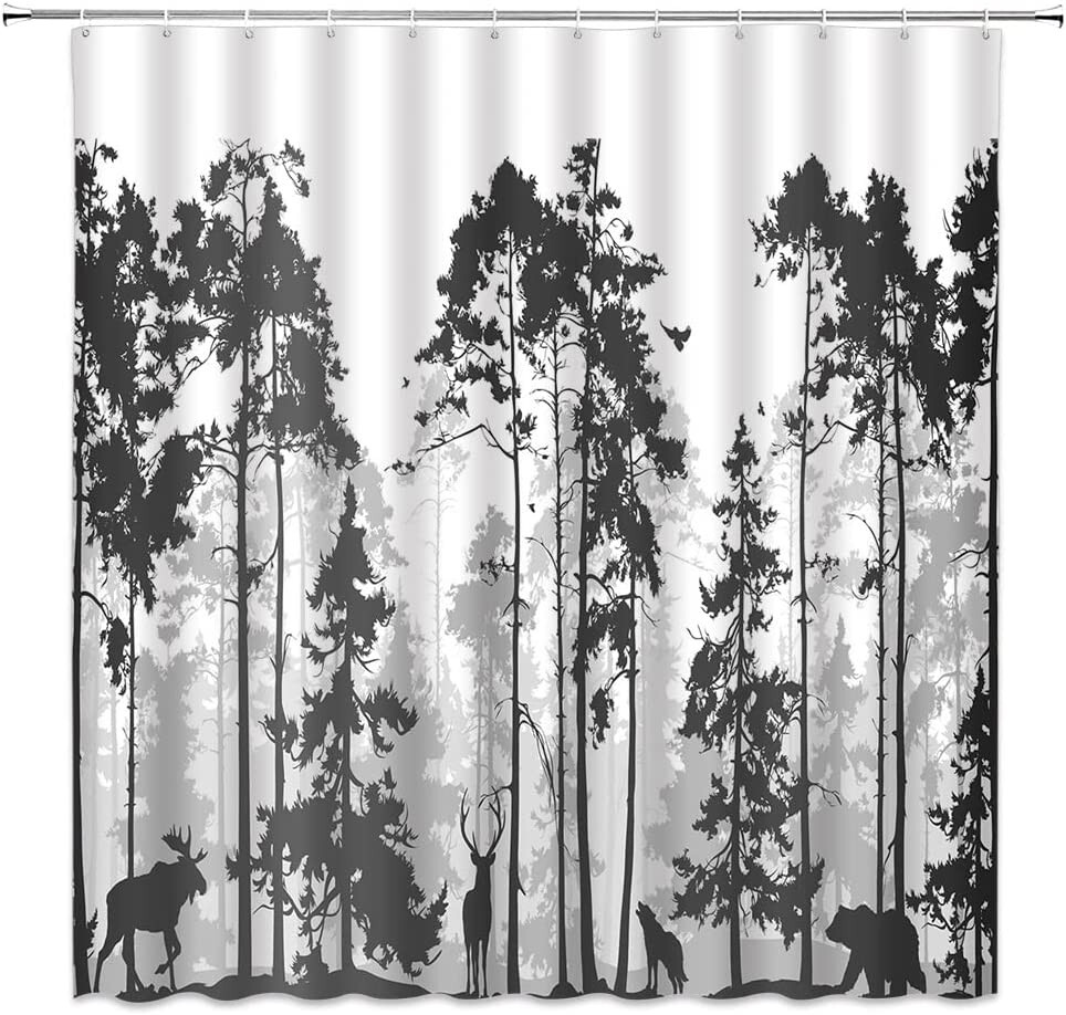 Cabin Lodge Wildlife Forest Black & White, Grey Fabric Shower Curtain