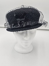 VTG Womens Black Straw Hat With Net Union made 1950s