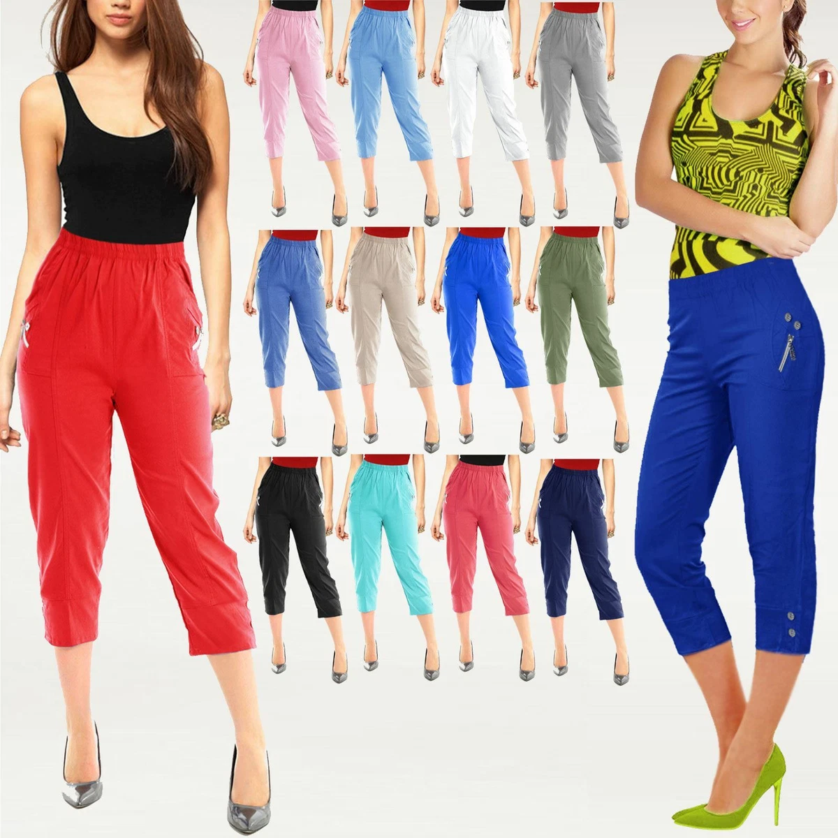 New Ladies Shorts Capri Pedal Pushers Pants Stretch Women's 3/4 Cropped  Trousers