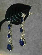 3Ct Pear Cut Blue Sapphire LabCreated Drop Dangle Earrings 14K White Gold Plated