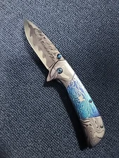 ElitEdge Damascus Blade Blue Stainless Handle A/O Folding Knife - 10-A54BLD
