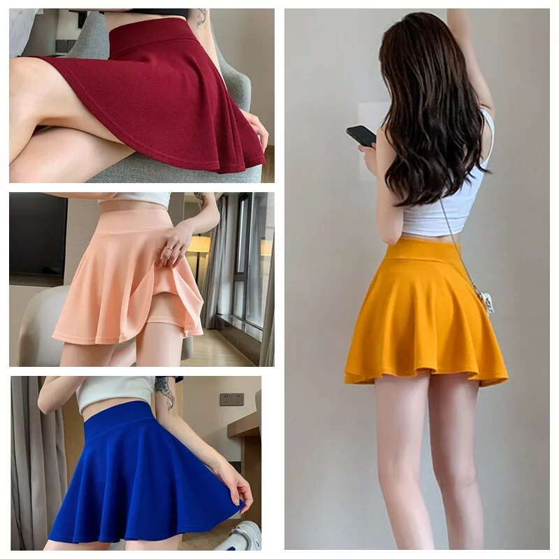 Lady Stretch Flared Pleated Mini Skater Skirt with Shorts High Waist A-line  Cute