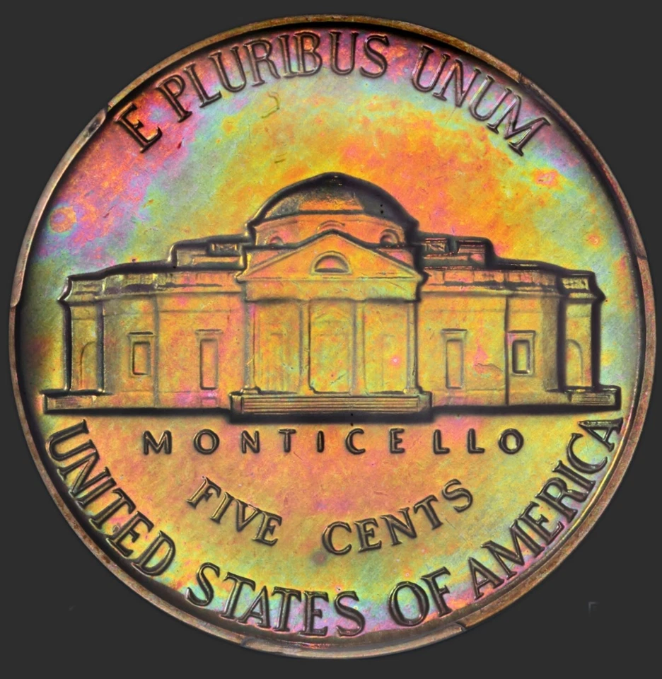 1960 5C Jefferson Nickel PCGS PR67+ Plus Grade Monster Rainbow Toned Neon Color - Image 2 of 4