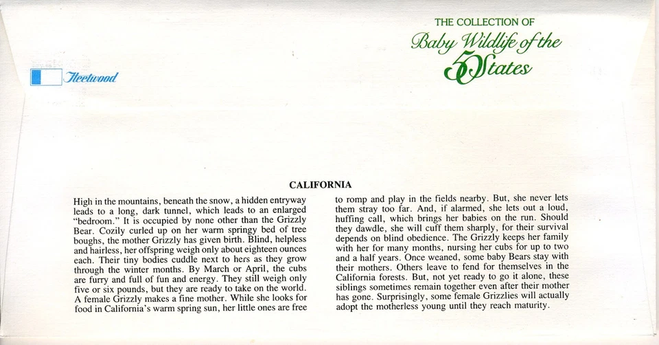 FDC 1984 California Grizzly Bear #1895 20¢ 7 1/2 Reg. Envelope Fleetwood Cachet - Image 2 of 2