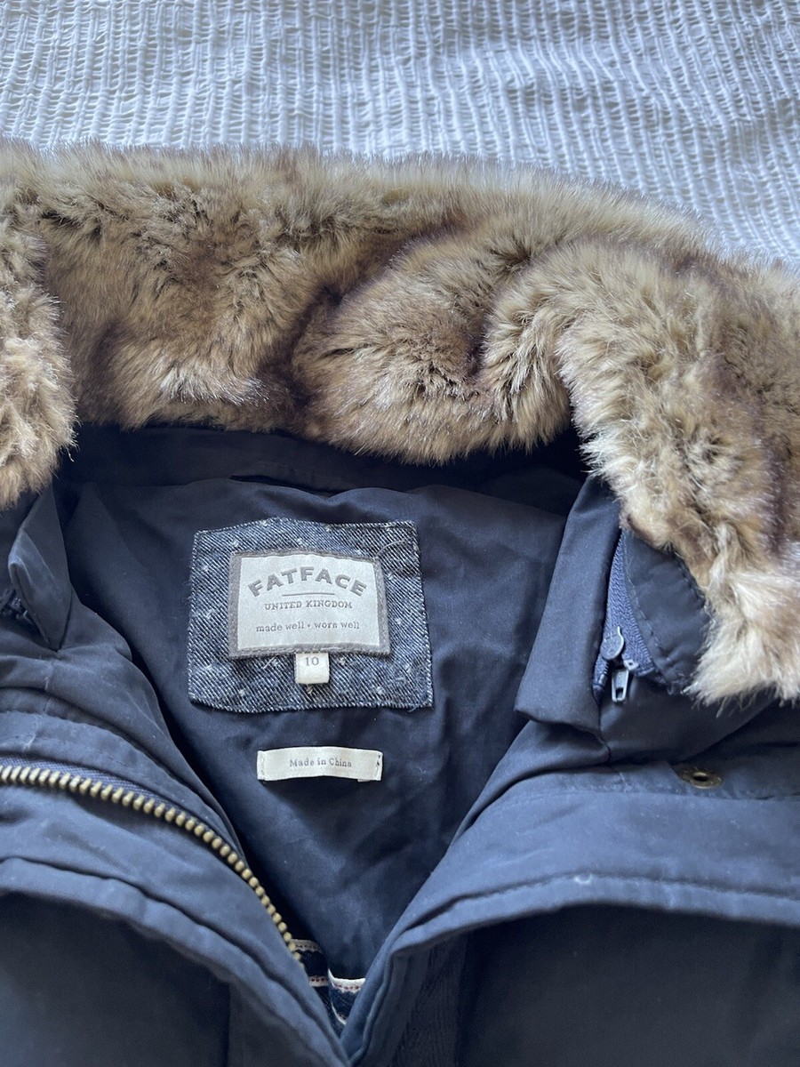 Fat Face Navy Blue Warm Padded Coat Jacket Size 10 Down Feather Filled Fur