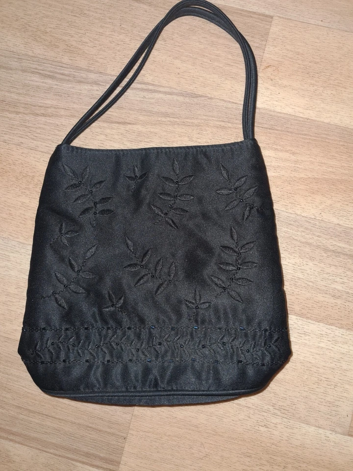 Marks & Spencer Años 90 Negro Satinado Seda Bolso sin asas Bolso de mano con cuentas De colección Foto 2 de 4