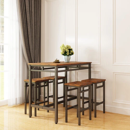 5 Pieces Dining Table Set Industrial 4x High stools Kitchen Restaurant Bar Brown - Image 3 of 4