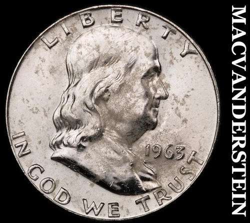 1963-D Silver Franklin Half Dollar - Splotchy  Choice Gem Brilliant Unc  #G8227