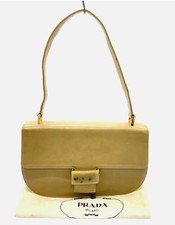 Prada Vitello Buckle Leather Handbag Beige Tortoiseshell Clasp Shoulder Bag RARE