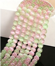 Pretty 8mm Pink Green Double Color Cat Eye Gems Round Loose Beads 15in Strand
