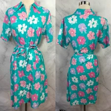 Vtg 70s MOD House Dress Floral Zip Front Belted Pockets Housewife Cottagecore L