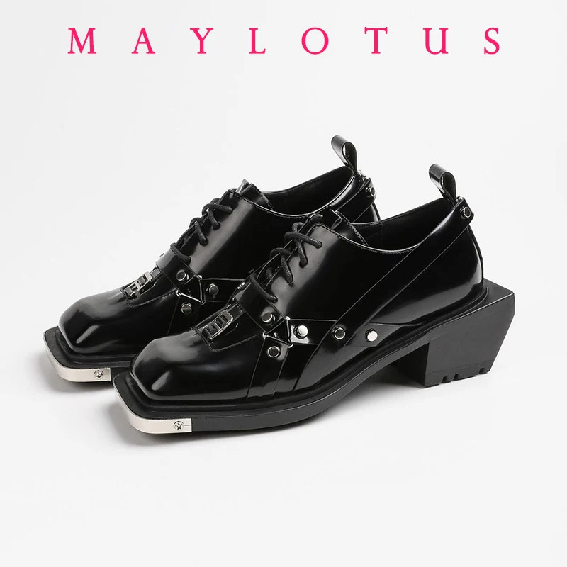 Men Womens Metal Head Loafers Boots Thick-soled Non-slip Square Head Wedge Shoes