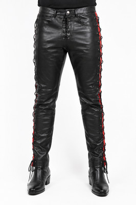 Men's Black Genuine Lambskin Leather Lace Up Biker Motorcycle Pants Trousers