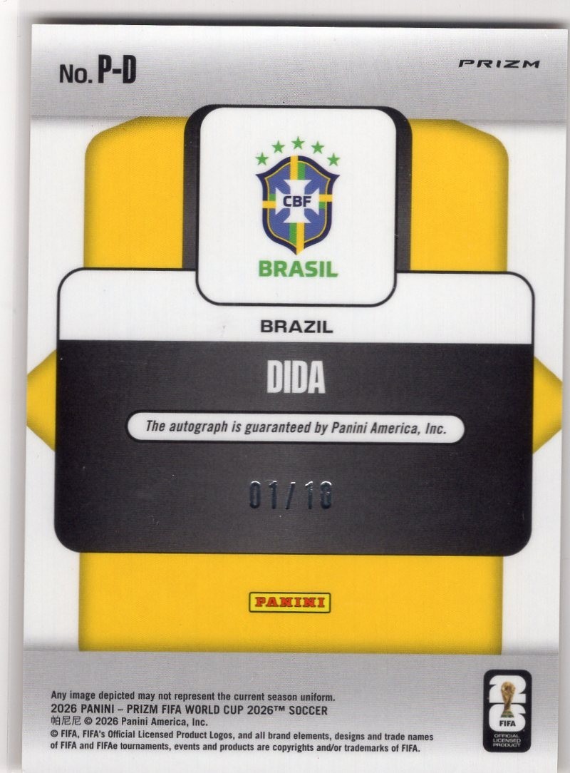 2026 Panini Prizm World Cup Gold Pulsar Penmanship Auto Dida 01/10 Brazil Legend view 2