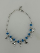 Aguti Silver Dolphin Charm Anklet Blue Beads Adjustable 7-10 Inches Womens