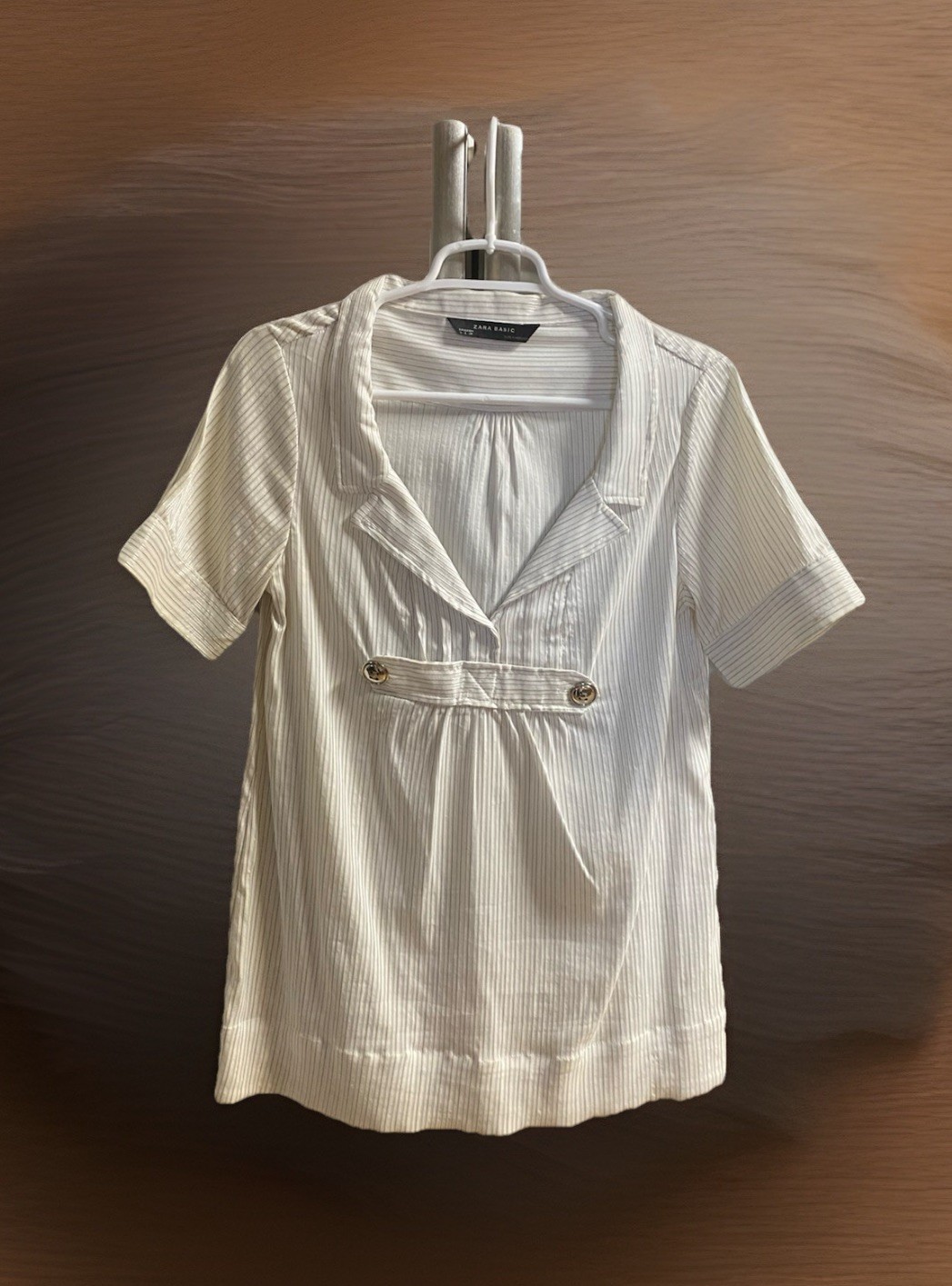 ZARA BASIC Metallic Pinstripe V-Neck White Tunic … - image 1