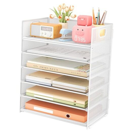 6 Tier Metal Mesh Desk Organizer with Handle for Office Files and Paper Storage
