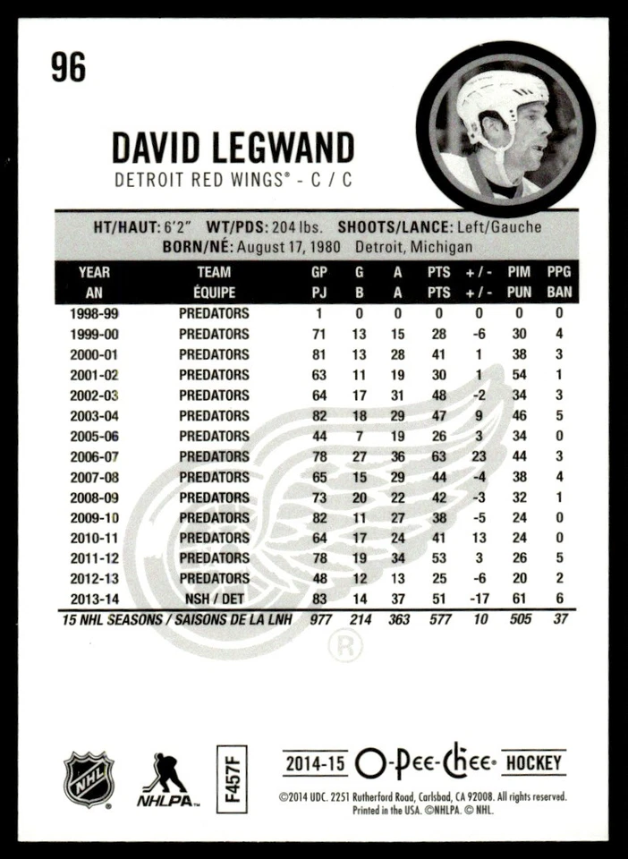 2014-15 O-Pee-Chee Rainbow David Legwand Detroit Red Wings #96 - Image 2 of 2