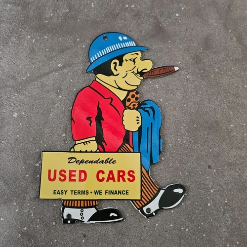 VINTAGE DEPENDABLE USED CARS  OLD US GASOLINE OIL GAS PUMP ENAMEL PORCELAIN SIGN