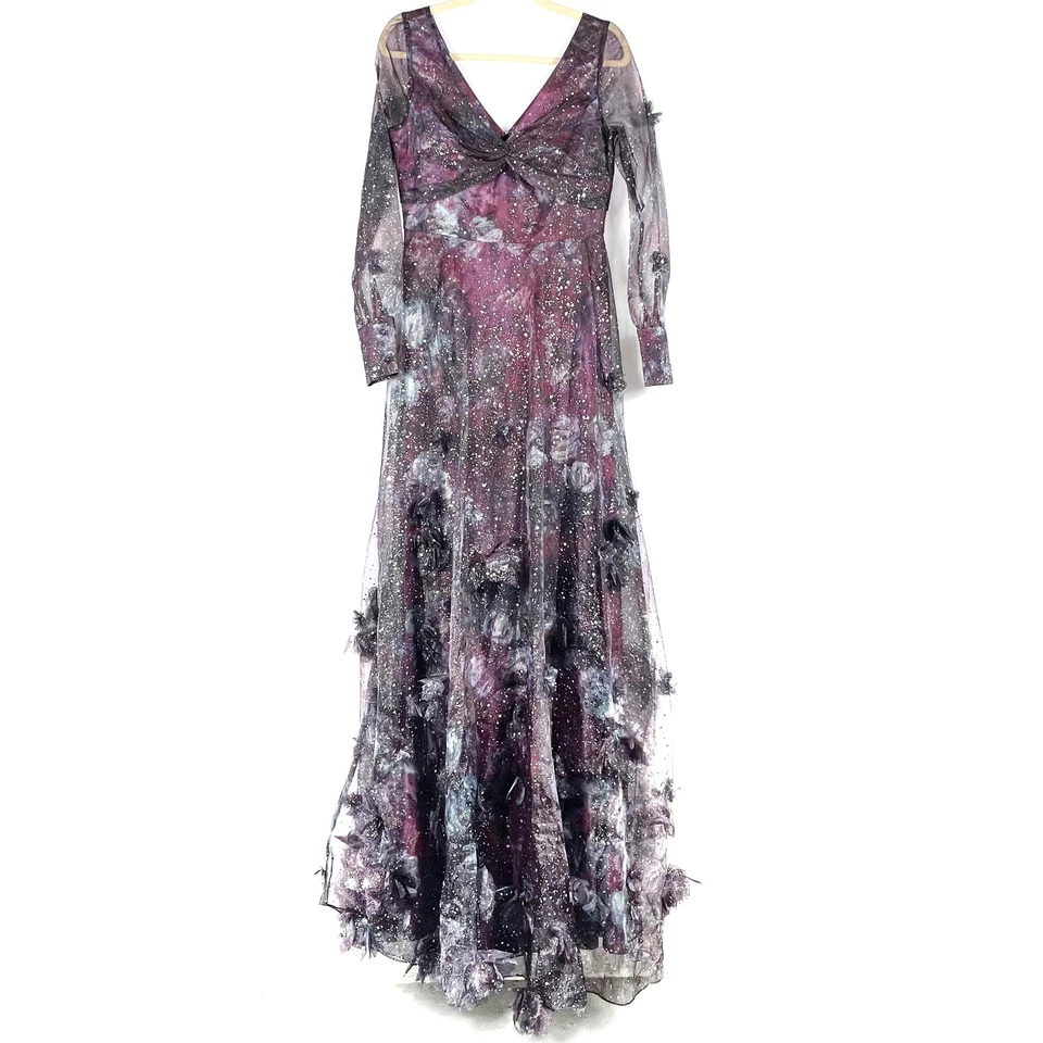 Vestido Marchesa 3D Floral Púrpura Negro Estampado Organza Laminado Manga Larga Talla 6 Foto 3 de 4