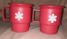 2 Vintage Tupperware Stackable Coffee Cups/Mugs Red w/White Snowflake +Lids