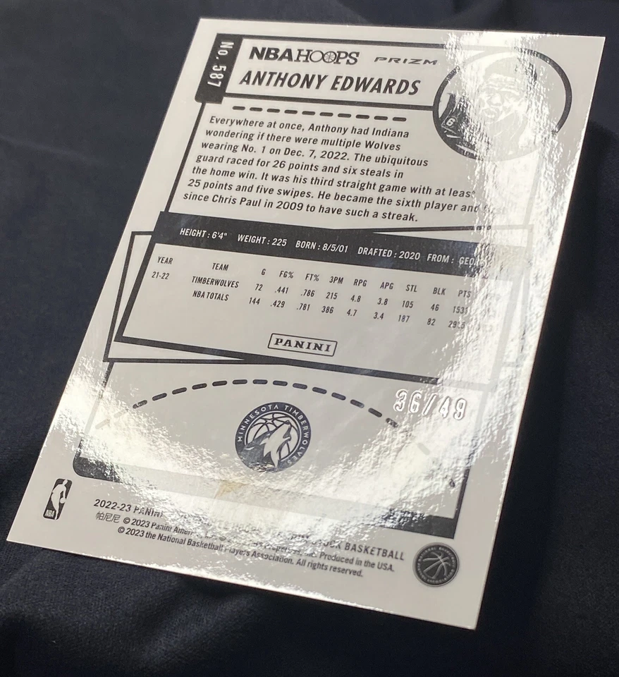 2022-23 Chronicles Hoops Premium Stock #587 ANTHONY EDWARDS /49 Purple PRIZM SP - Image 3 of 4