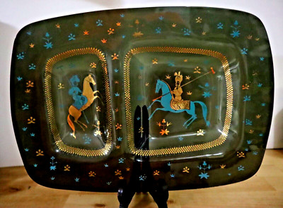 MID CENTURY PERSIAN ARABIAN KNIGHTS POLO PLAYER GLASS PLATTER