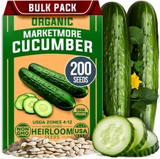 200 Non-GMO USA Organic Cucumber Seeds, Marketmore Heirloom for Trellises, Beds