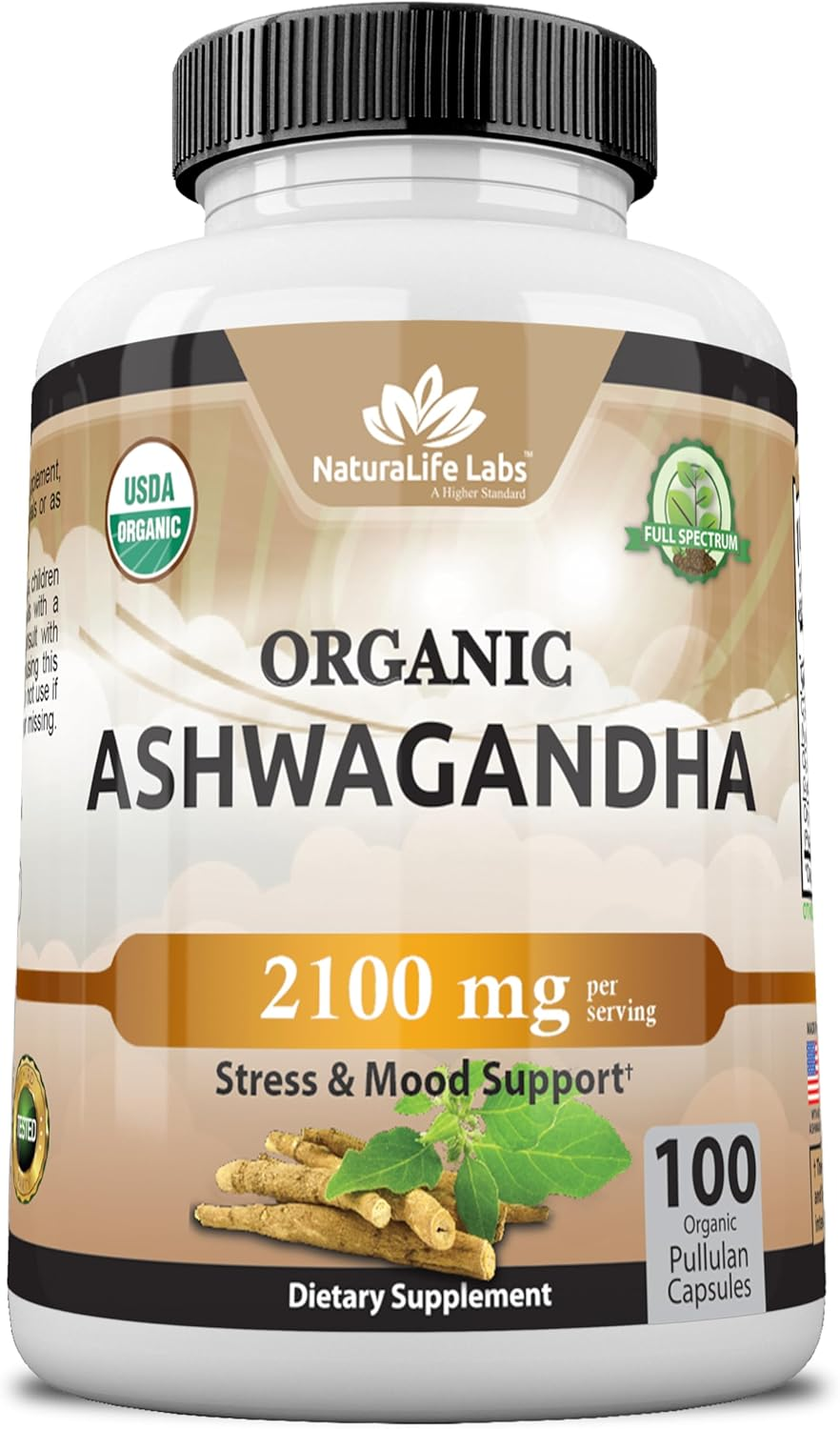Organic Ashwagandha 2,100mg – Stress Relief & Mood Enhancer – 100 Veggie Capsule