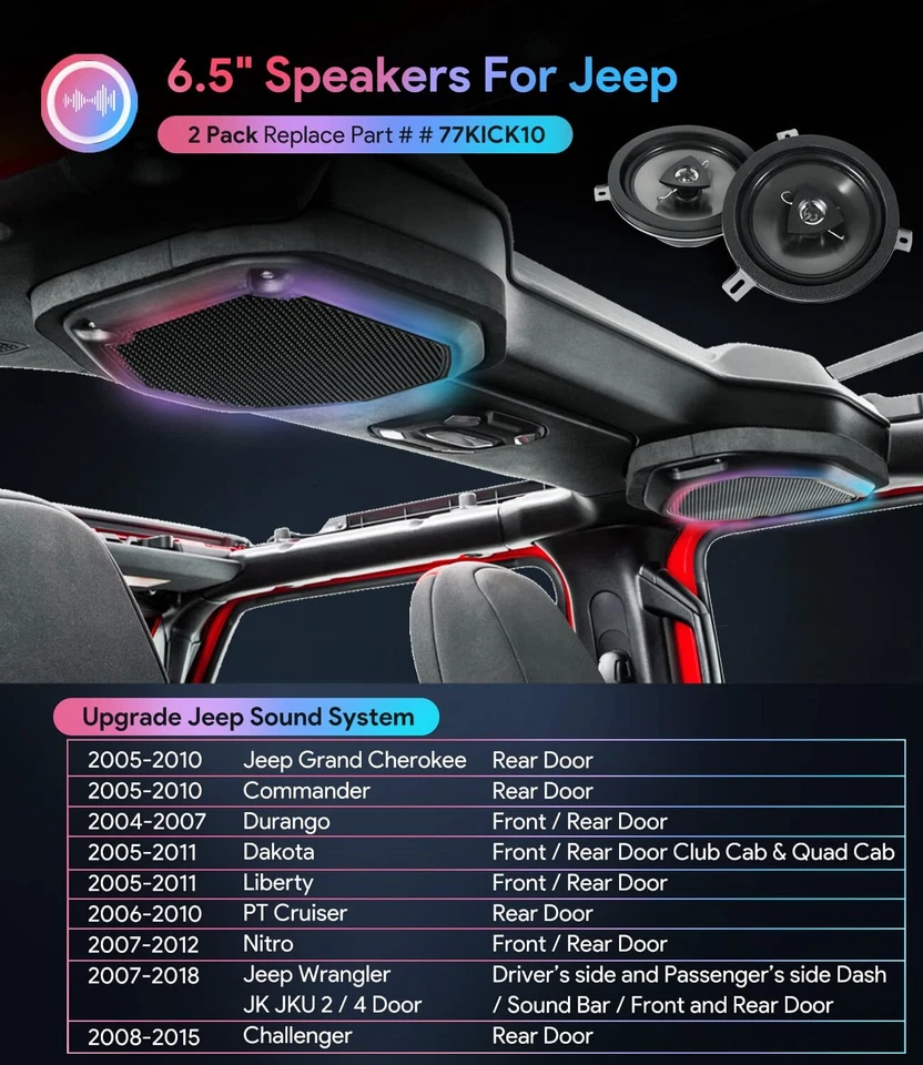 Paquete de 4 altavoces Kicker 77KICK10 para Jeep Wrangler JK JKU 2007-18 actualización 6,5 pulgadas Foto 2 de 4